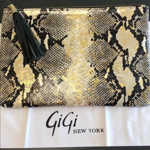 Gigi NewYork black,gold,cream snakeskin clutch